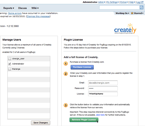 Retrieve your purchased Creately for FogBugz Plugin