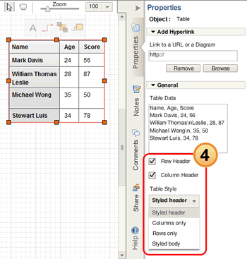 Click on properties to edit Table