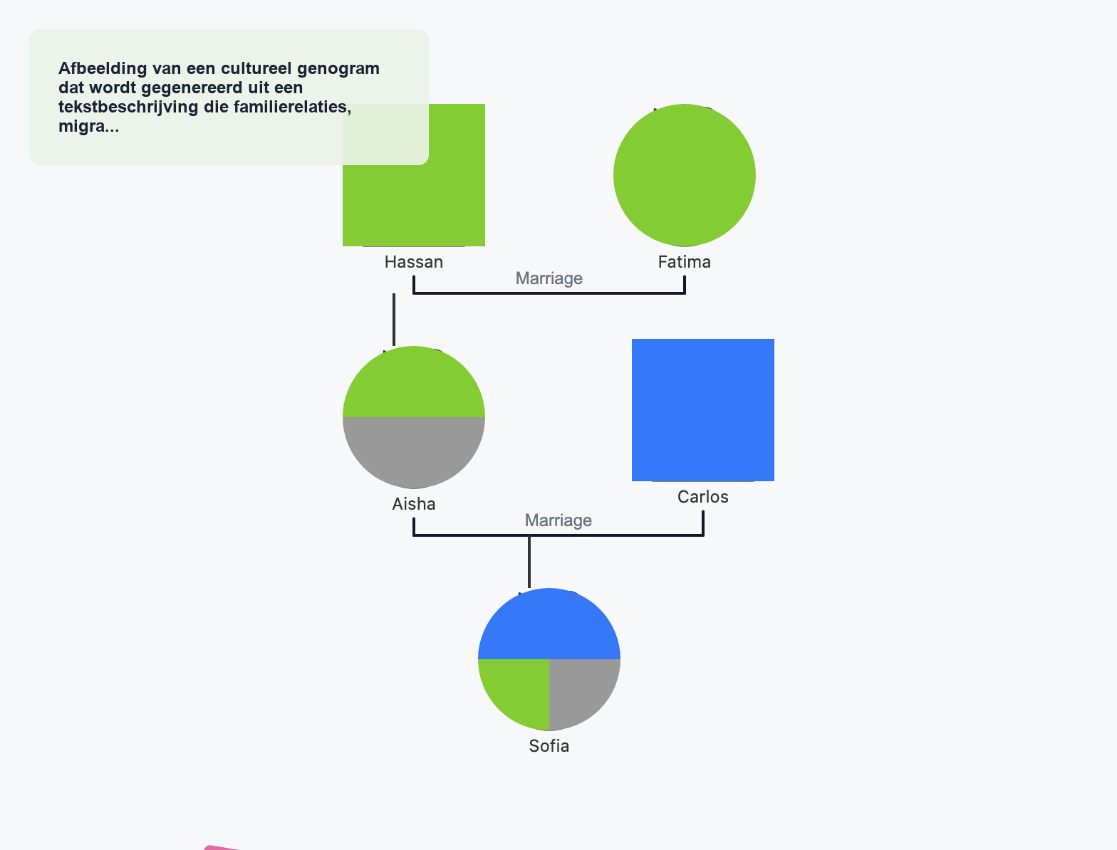 Afbeelding van een cultureel achtergrondgenogram gegenereerd op basis van een tekstbeschrijving met familierelaties, migratieachtergrond en biculturele context