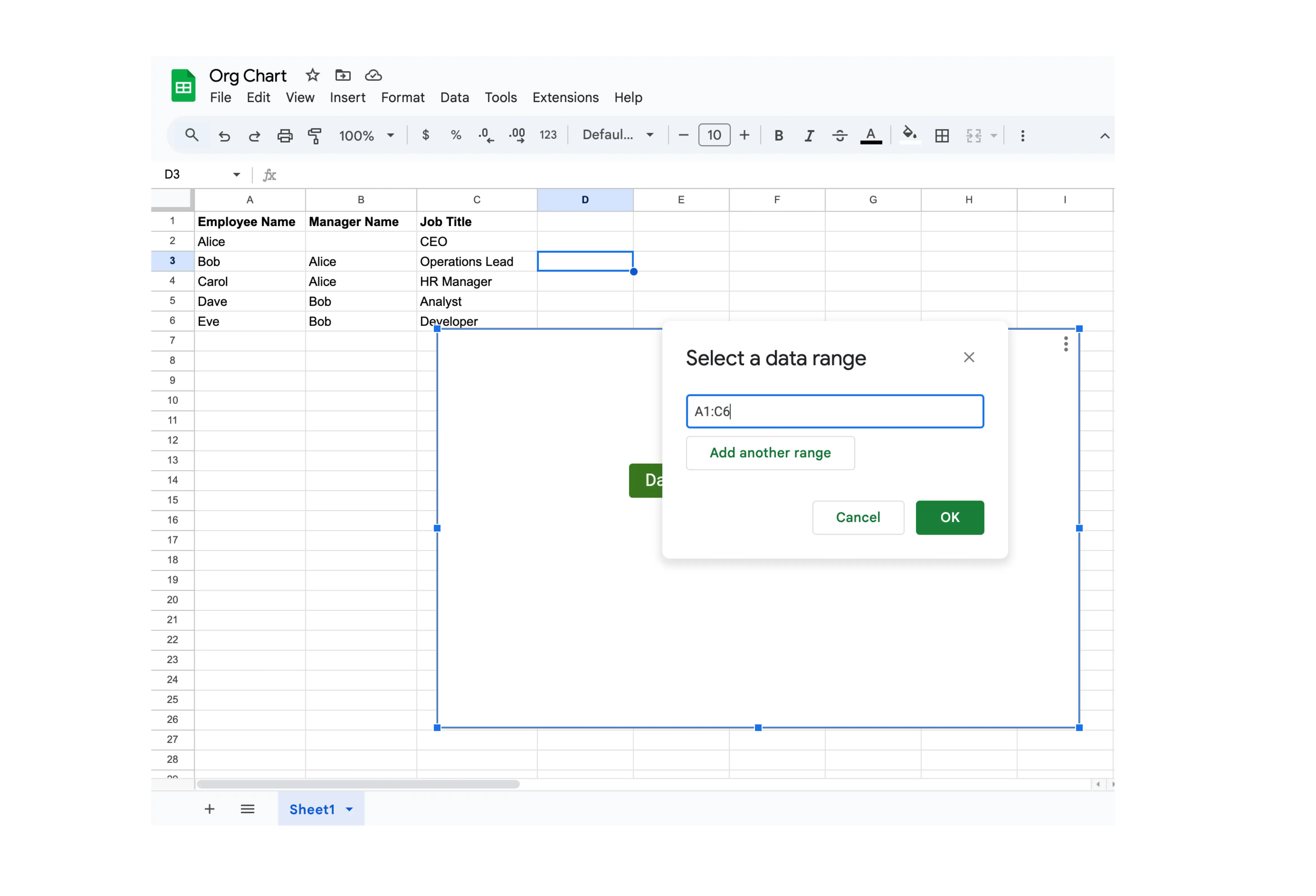 Update the chart data range - how to make an org chart in google sheets