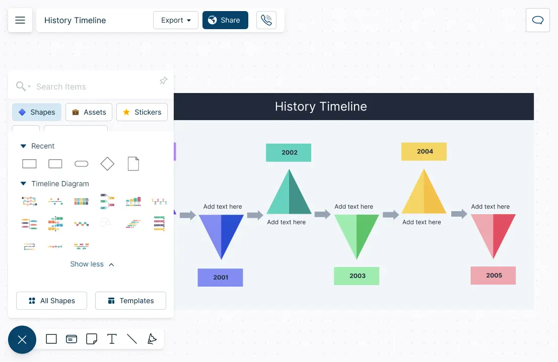 Snapshot of Creately's History timline diagram maker depicting a history timeline Diagram