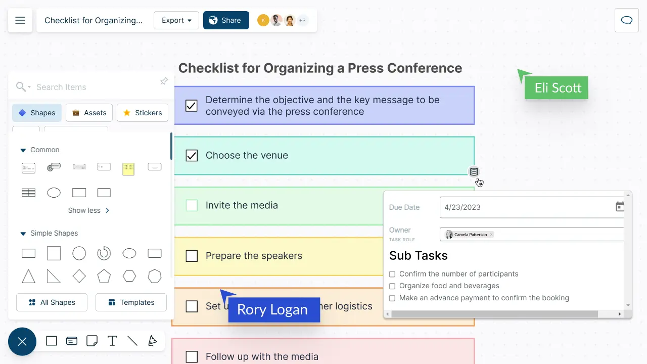 Snapshot of Creately's Checklist Maker showcasing organizing a press conference