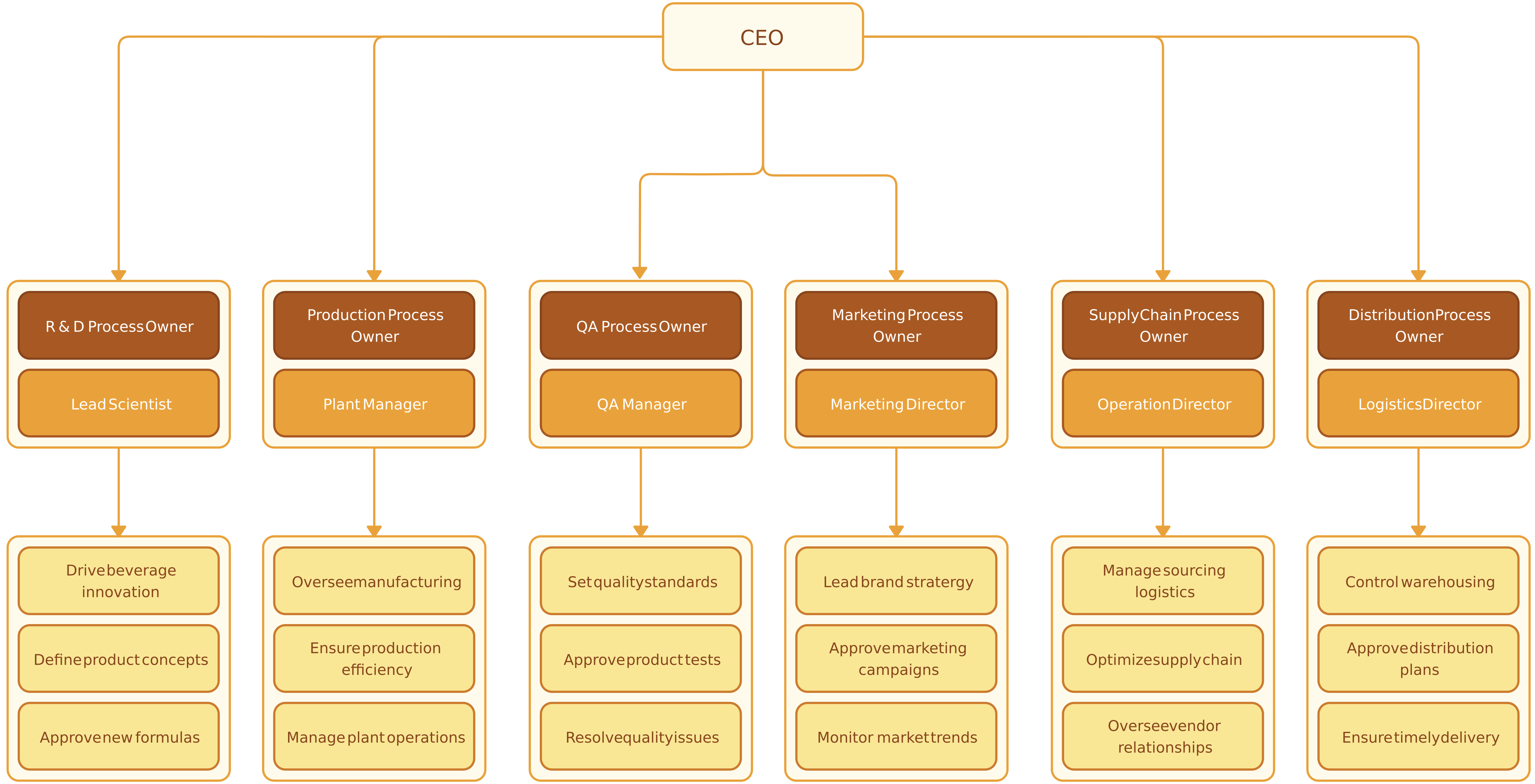 Process owner hierarchy chart showing executive roles and ownership across key business processes.
