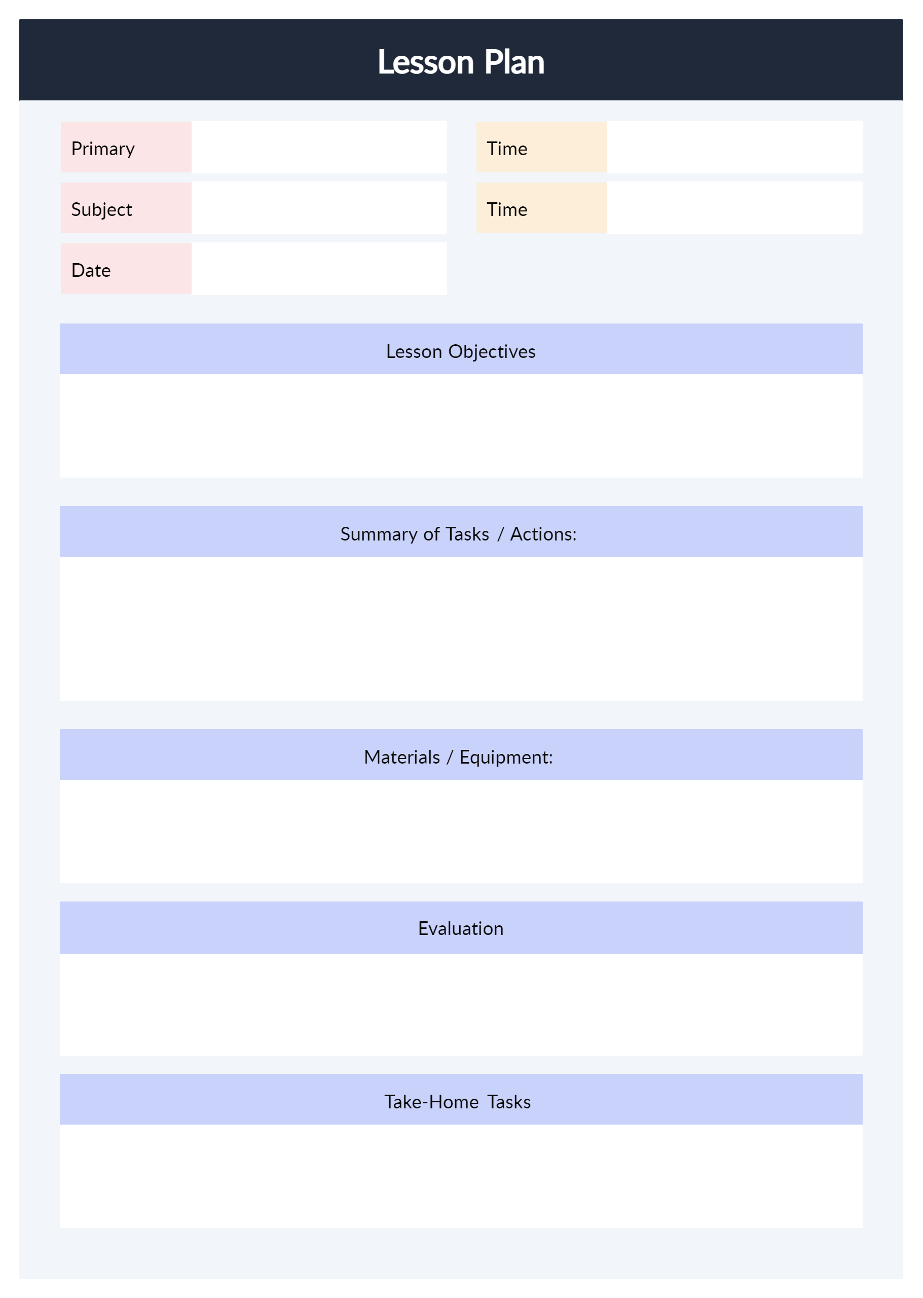 Visual of a lesson plan template outlining objectives, materials, activities, and assessments for a class session